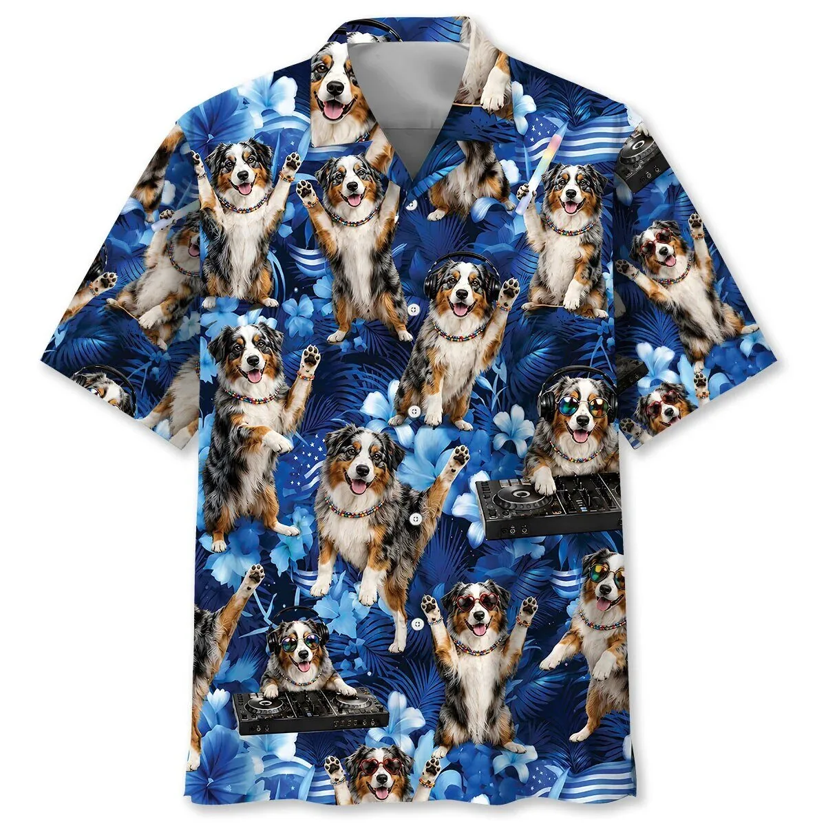 Australian Shepherd Dog DJ Party Blue Tropical Hawaiian Shirt