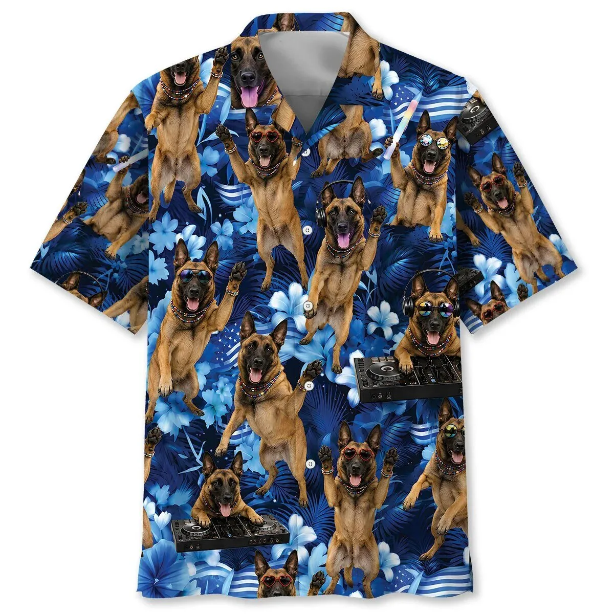 Belgian Malinois Dog Tropical Blue Floral Pattern Hawaiian Shirt