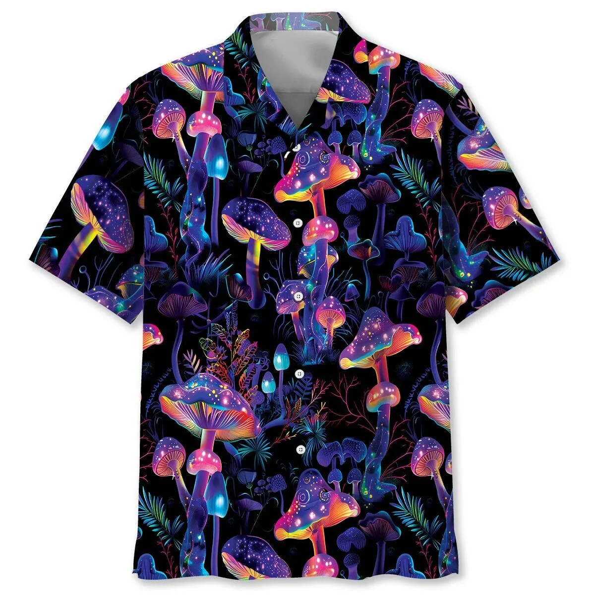 Psychedelic Mushroom Forest Pattern Black Hawaiian Shirt for Men and Women