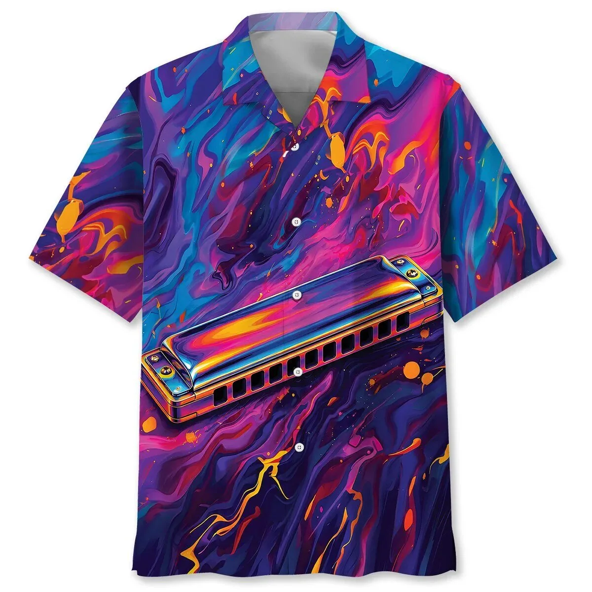Psychedelic Harmonica Fluid Art Abstract Music Hawaiian Shirt