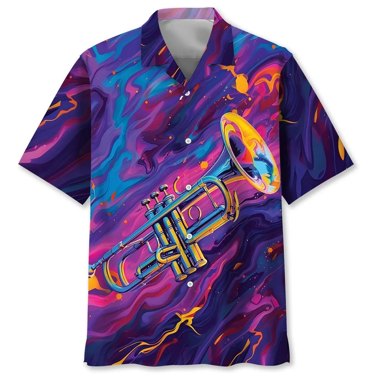 Hawaiian Shirt with Abstract Pattern of Fluid Art and Psychedelic Trumpet Design