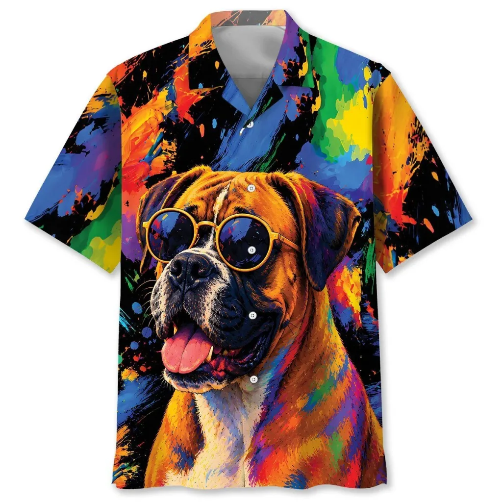 Boxer Dog Wearing Sunglasses Colorful Paint Splatter Hawaiian Shirt Boxer Dog Wearing Sunglasses Colorful Paint Splatter Hawaiian Shirt