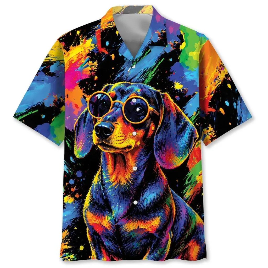 Hawaiian Shirt with Paint Splatter Design Featuring Dachshund Dog in Sunglasses Hawaiian Shirt with Paint Splatter Design Featuring Dachshund Dog in Sunglasses
