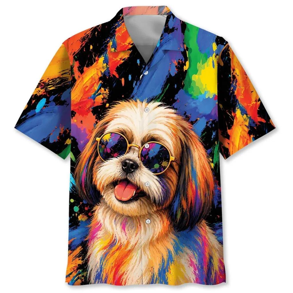 Colorful Shih Tzu Dog Wearing Sunglasses Hawaiian Shirt Colorful Shih Tzu Dog Wearing Sunglasses Hawaiian Shirt