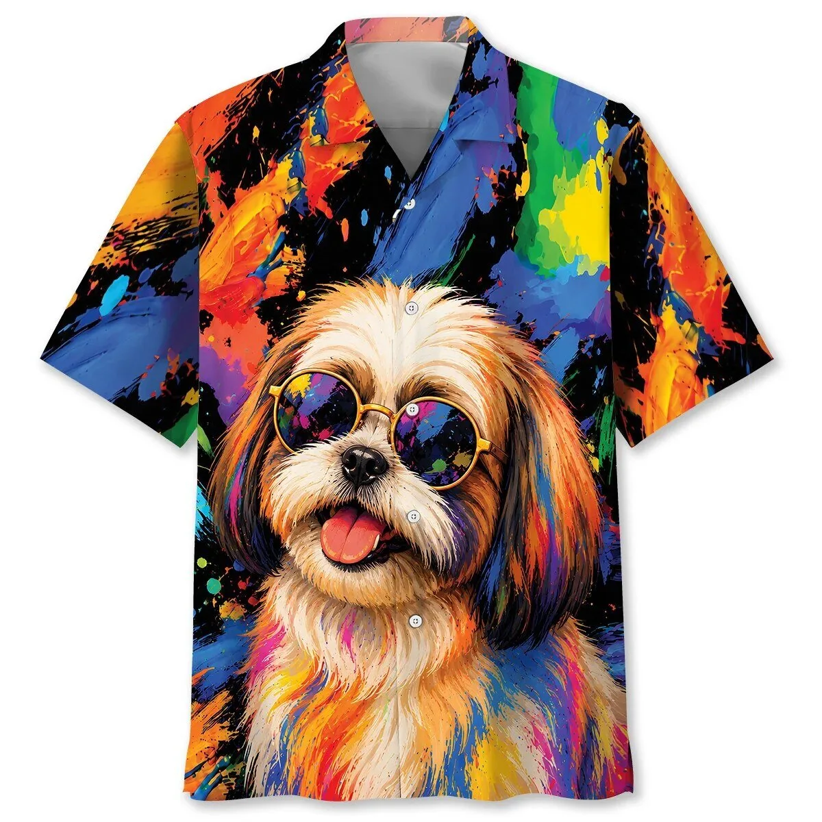 Colorful Shih Tzu Dog Wearing Sunglasses Hawaiian Shirt