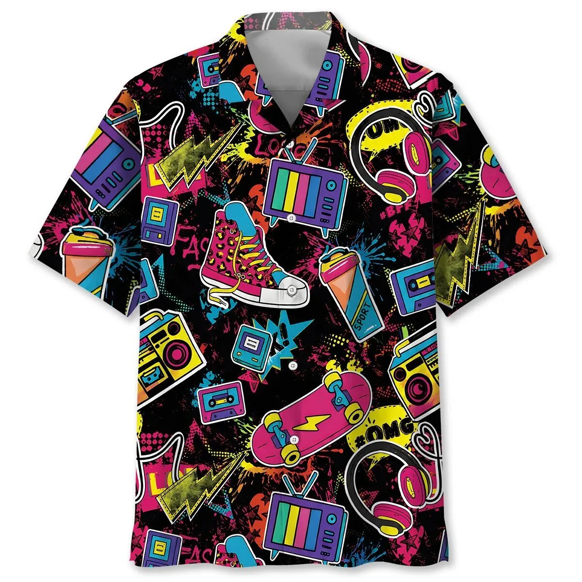 Retro 1980s Music Themed Black Hawaiian Shirt for Men and Women