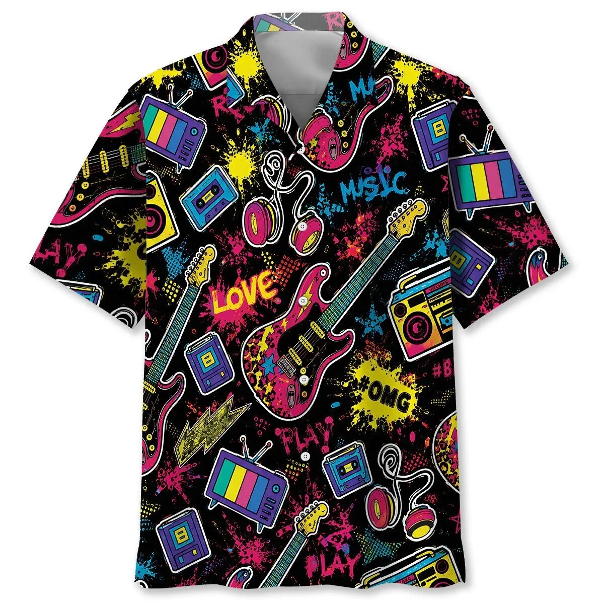 Retro 80s Music Guitar Boombox Cassette Tape Pattern Hawaiian Shirt