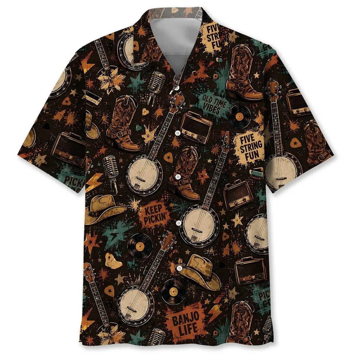 Five String Fun Hawaiian Shirt with Vintage Banjo and Old Time Vibes