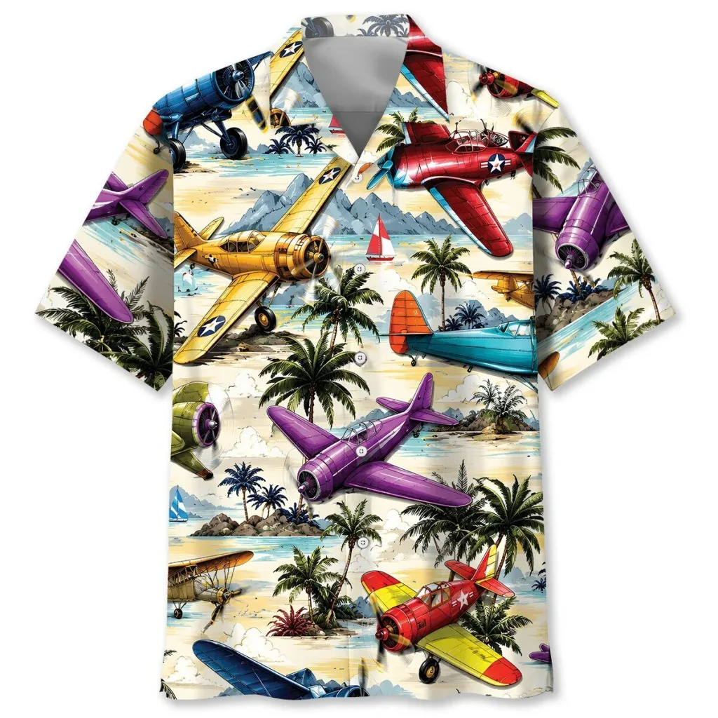 Vintage Airplanes Tropical Beach Scene Hawaiian Shirt for Men Vintage Airplanes Tropical Beach Scene Hawaiian Shirt for Men