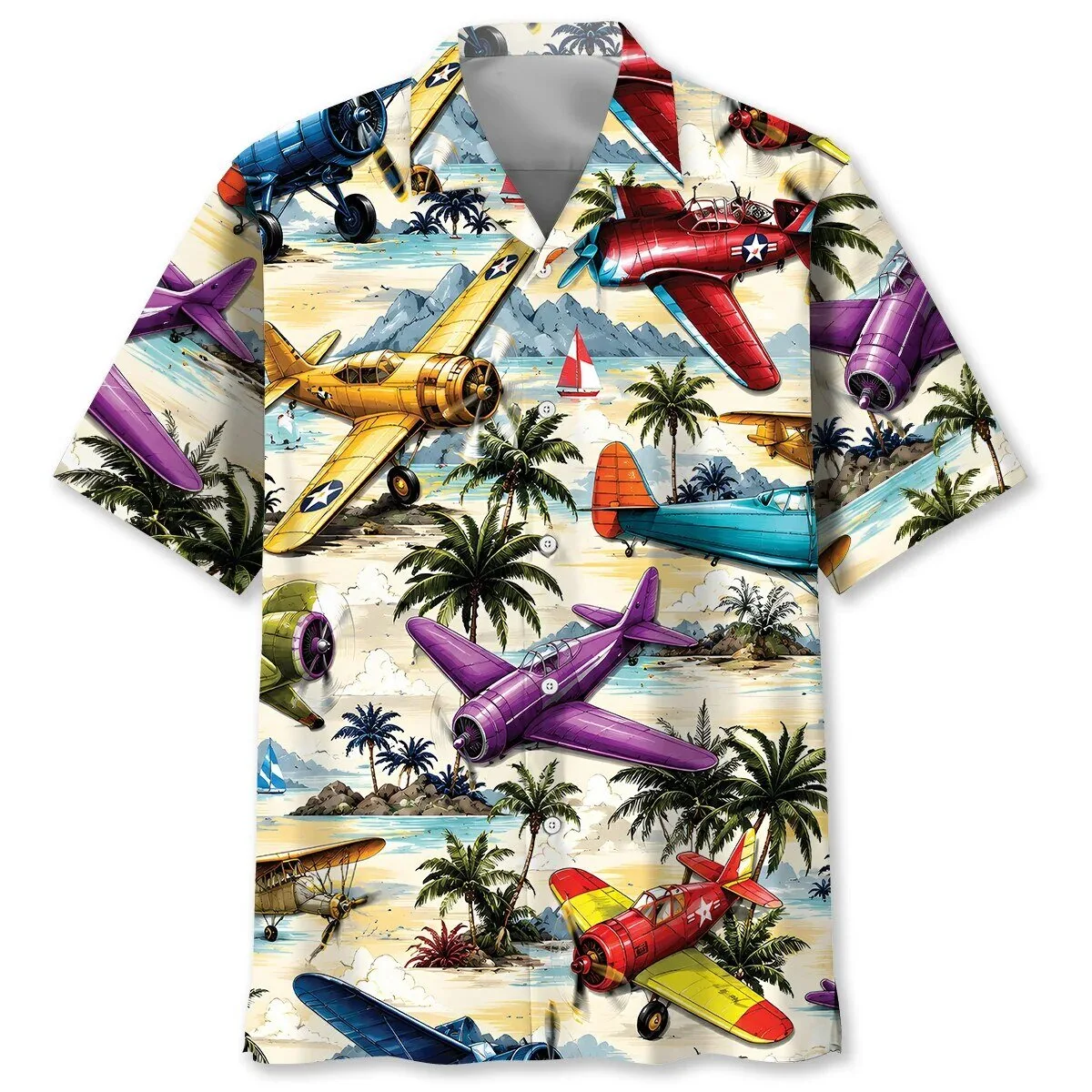 Vintage Airplanes Tropical Beach Scene Hawaiian Shirt for Men