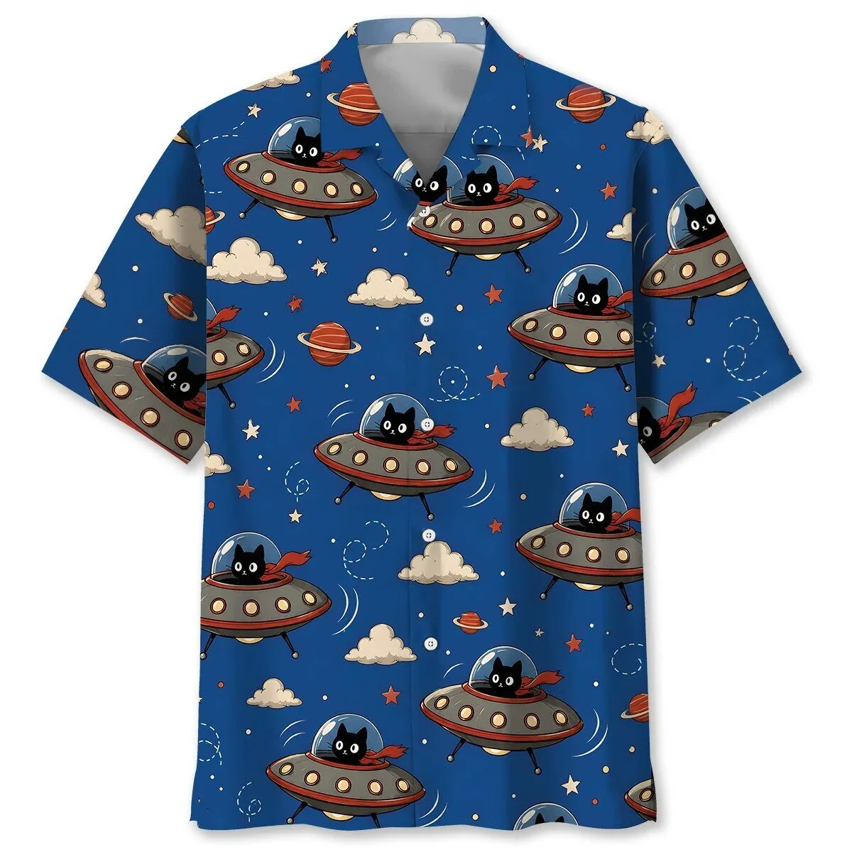Cute Black Cat UFO Space Pattern Blue Hawaiian Shirt for Men and Women