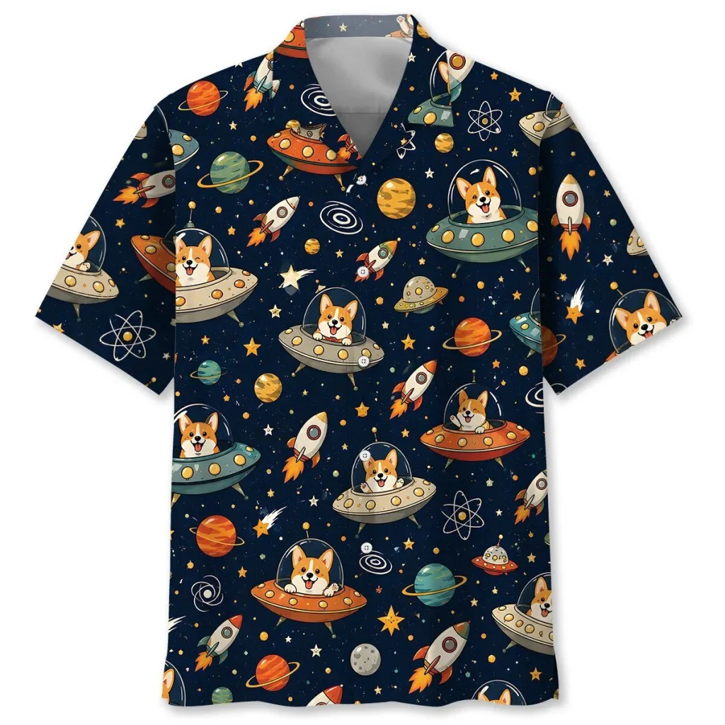 Cute Corgi Dog UFO Alien Space Pattern Hawaiian Shirt Cute Corgi Dog UFO Alien Space Pattern Hawaiian Shirt
