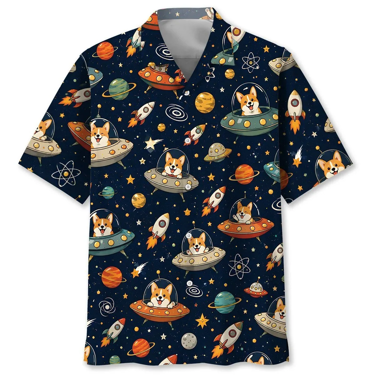 Cute Corgi Dog UFO Alien Space Pattern Hawaiian Shirt