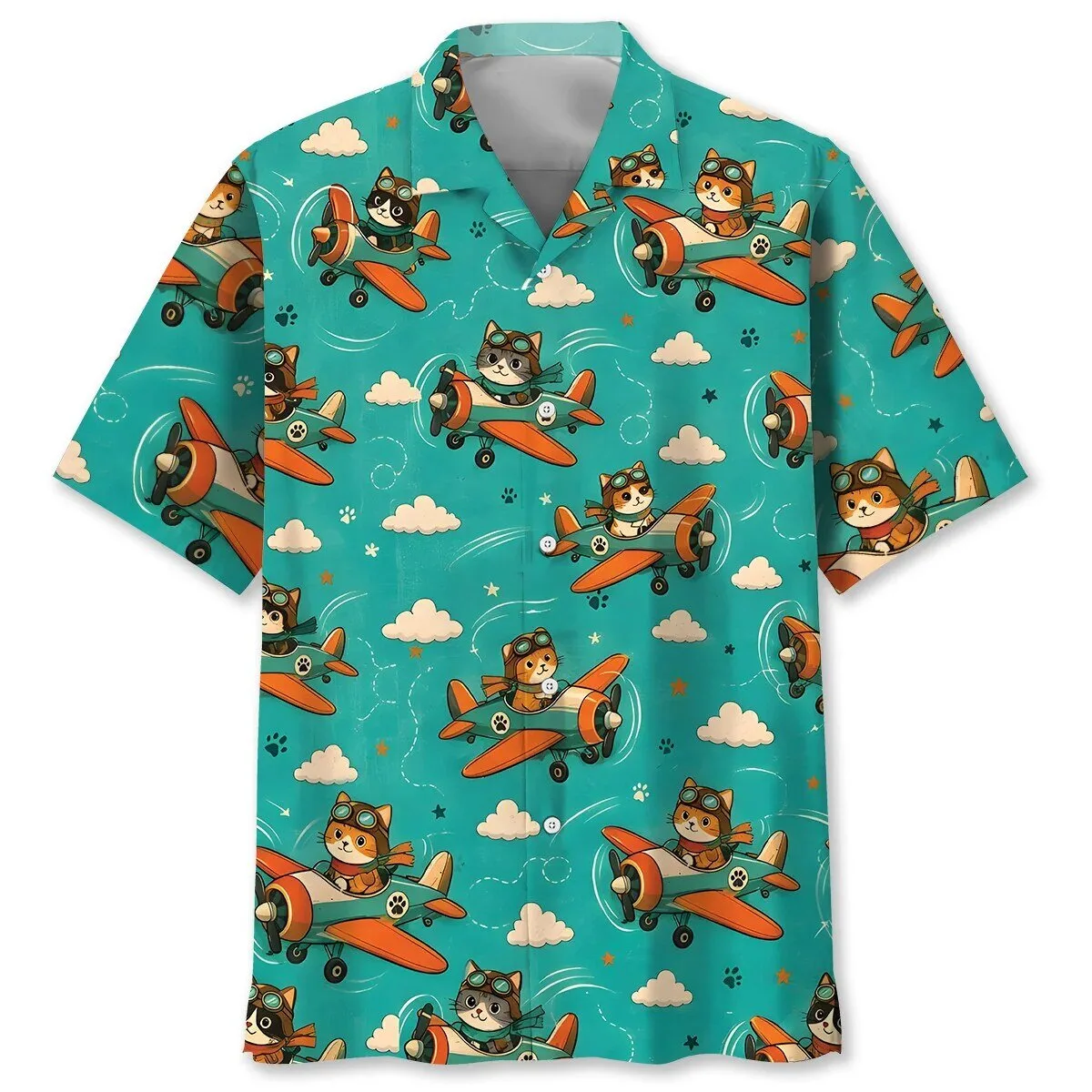 Cute Cat Flying Airplane Pattern Summer Beach Hawaiian Shirt for Men