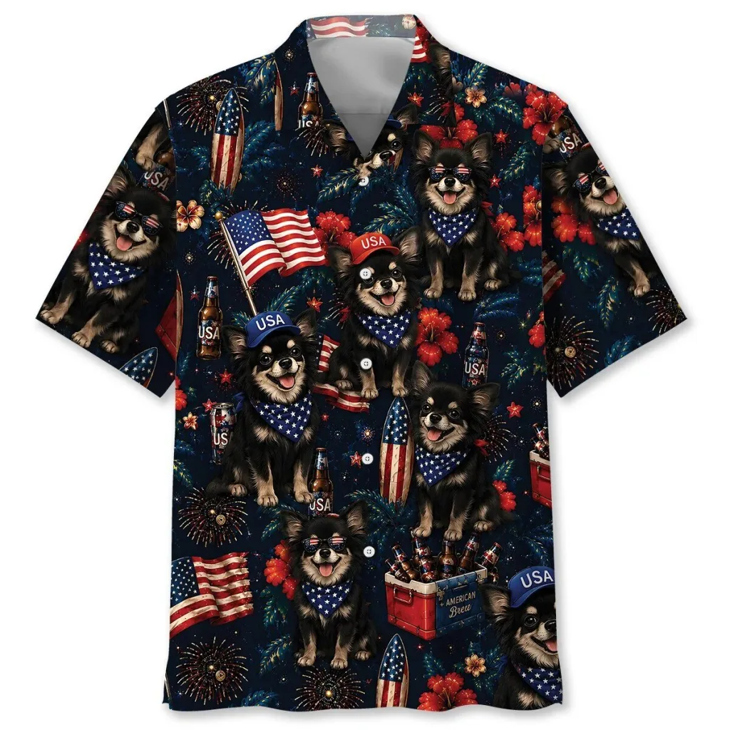 Hawaiian Shirt with American Flag for Long-Haired Black Chihuahua Dog Hawaiian Shirt with American Flag for Long-Haired Black Chihuahua Dog