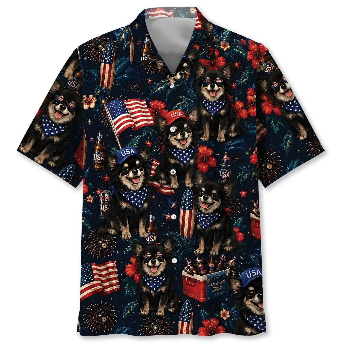 Hawaiian Shirt with American Flag for Long-Haired Black Chihuahua Dog