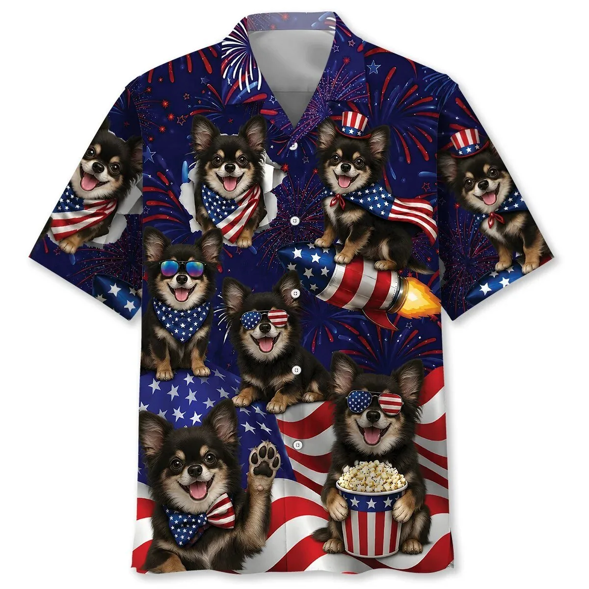 Patriotic Long-Haired Black Chihuahua Dogs 4th of July Hawaiian Shirt