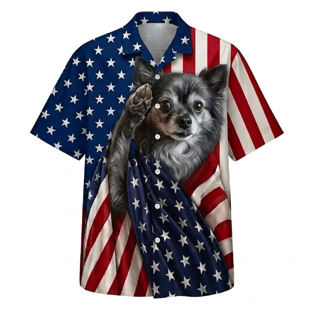 Patriotic Long Hair Chihuahua Dog American Flag Hawaiian Shirt