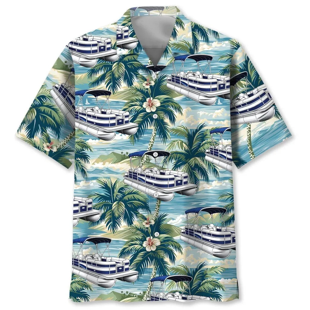 Blue Pontoon Boat Beach Tropical Palm Trees Hawaiian Shirt Blue Pontoon Boat Beach Tropical Palm Trees Hawaiian Shirt