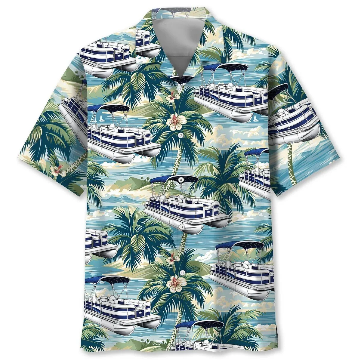 Blue Pontoon Boat Beach Tropical Palm Trees Hawaiian Shirt