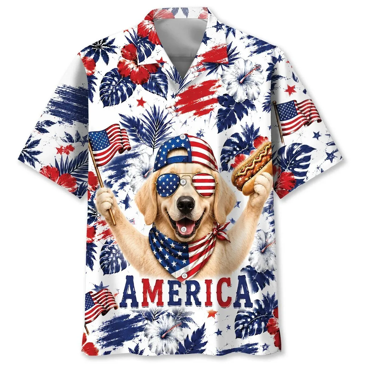Patriotic Golden Retriever Dog with Hot Dog and American Flags Hawaiian Shirt 1 Patriotic Golden Retriever Dog with Hot Dog and American Flags Hawaiian Shirt