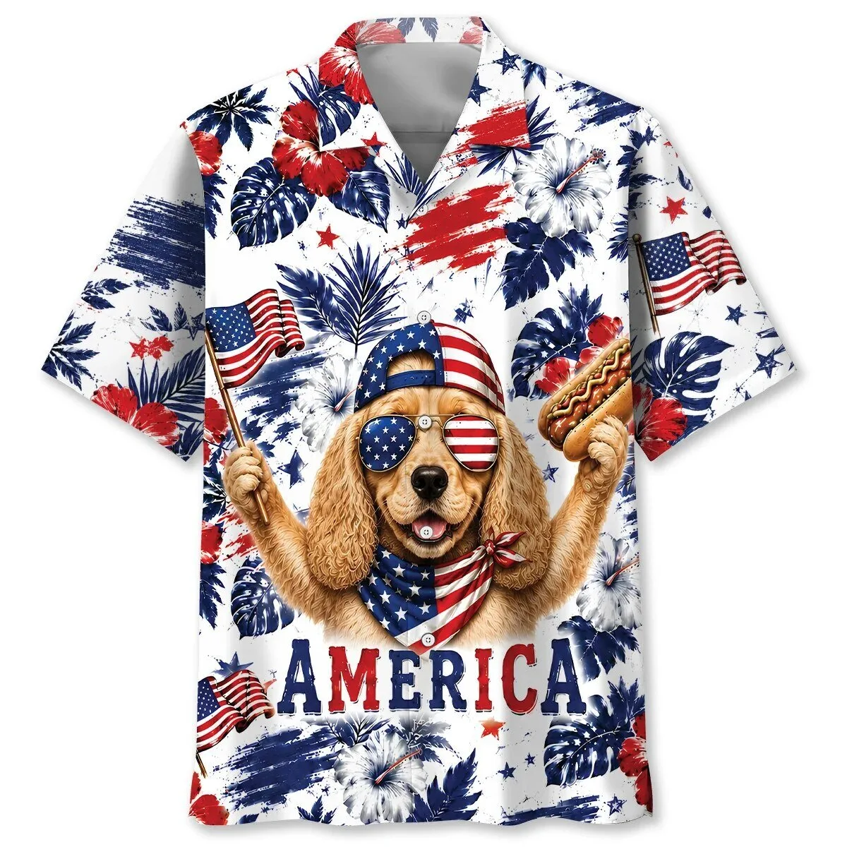 Patriotic Golden Retriever Dog American Flag Hotdog Hawaiian Shirt