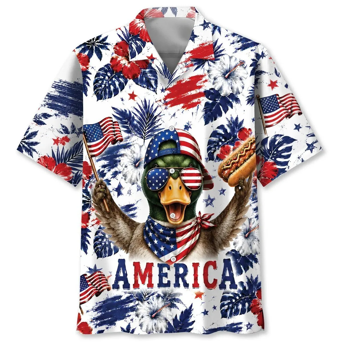 America Mallard Duck Patriotic American Flag Hot Dog Hawaiian Shirt