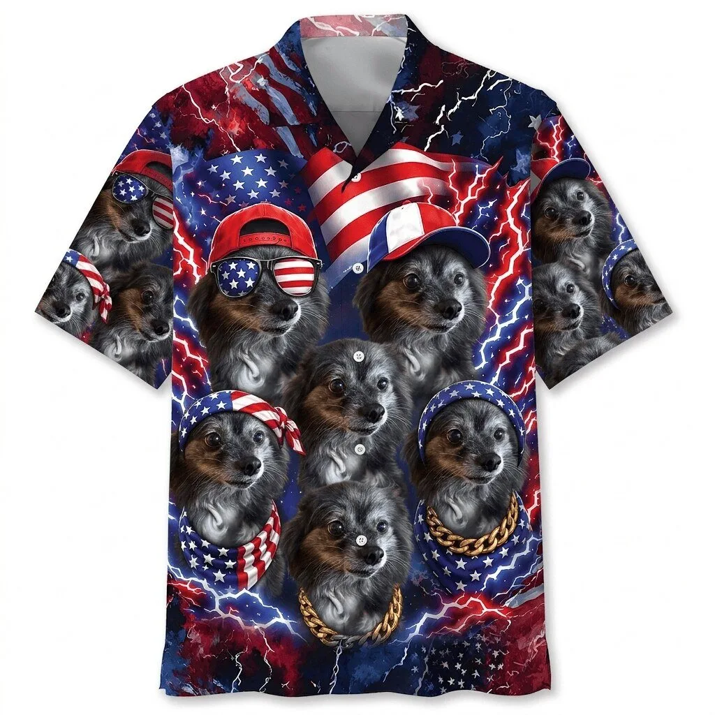 Patriotic Long-Haired Chihuahua Dogs American Flag Hawaiian Shirt