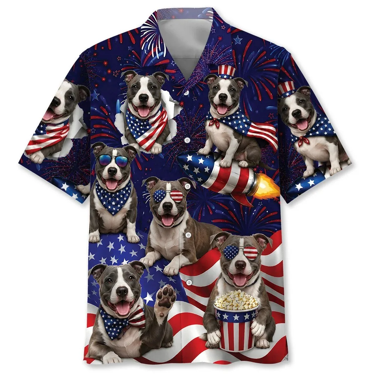 Fourth Of July American Staffordshire Terrier Dogs Patriotic Hawaiian Shirt