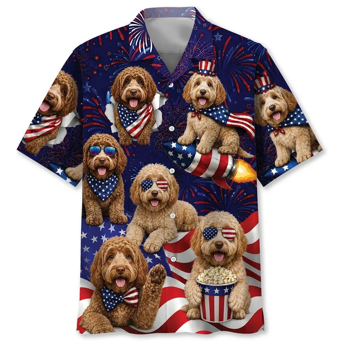 Fourth of July Australian Labradoodle Patriotic Fireworks Hawaiian Shirt
