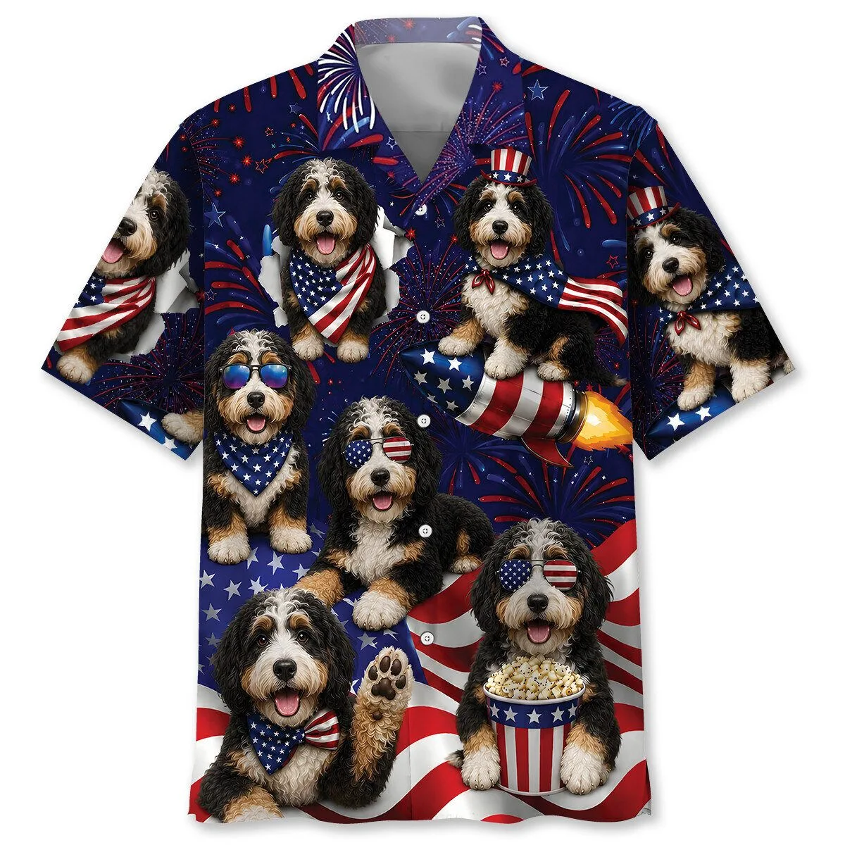 Fourth of July Hawaiian Shirt Featuring Patriotic Bernedoodle Dog Design