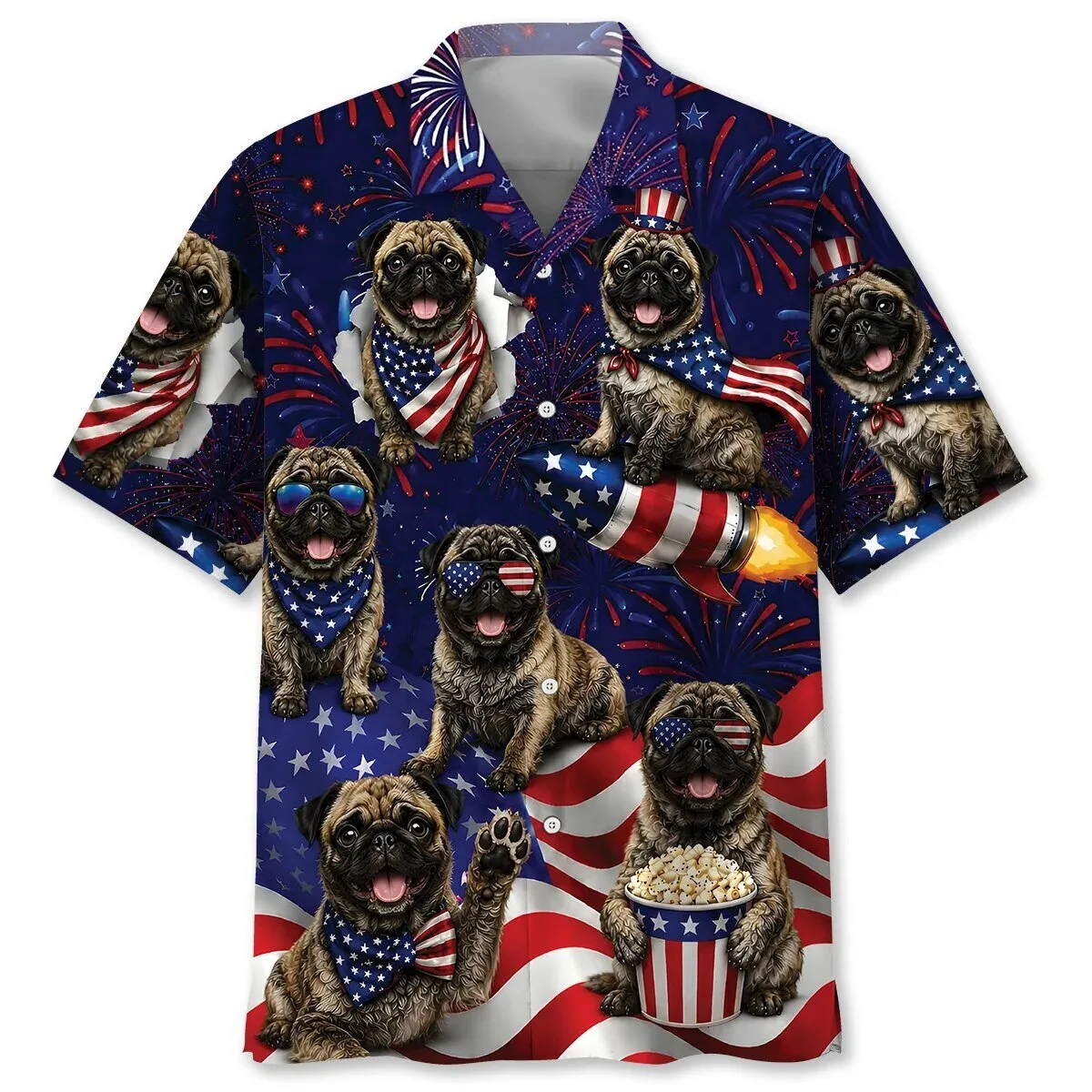 Patriotic Pug Puppy Dog American Flag 4th of July Hawaiian Shirt