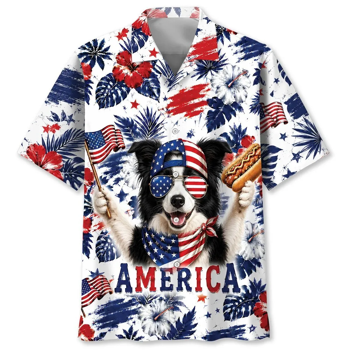 Patriotic Border Collie Dog American Flag Hawaiian Shirt