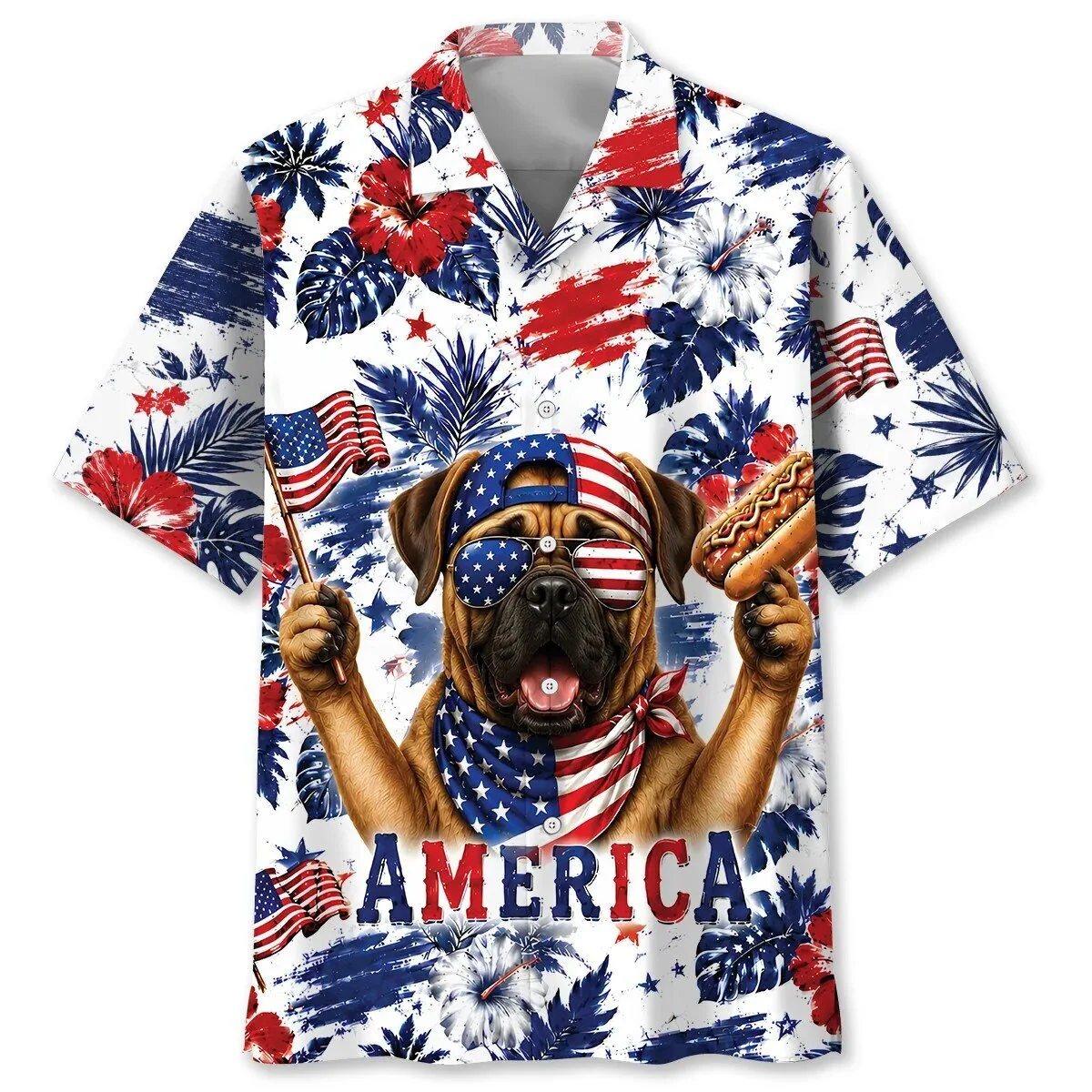 Patriotic Bullmastiff Dog American Flag Hot Dog Hawaiian Shirt