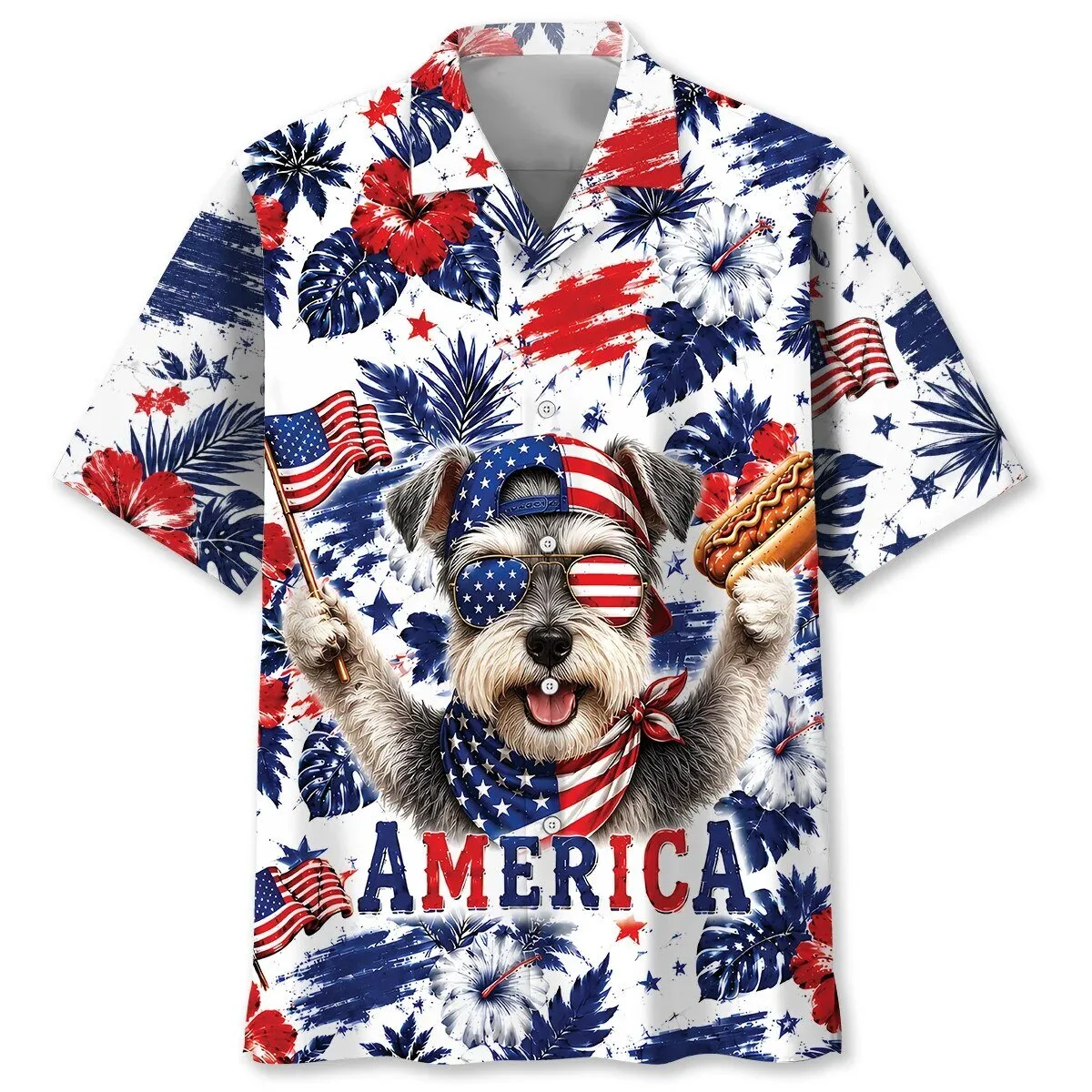 Hawaiian Shirt Featuring American Flag and Miniature Schnauzer Dog in Patriotic Design