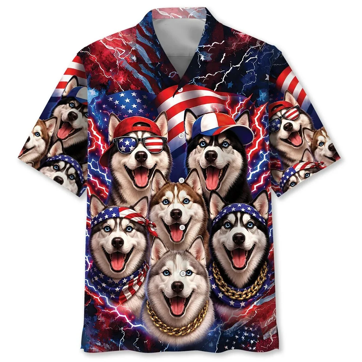 Patriotic Pitsky Dog American Flag Funny Hawaiian Shirt