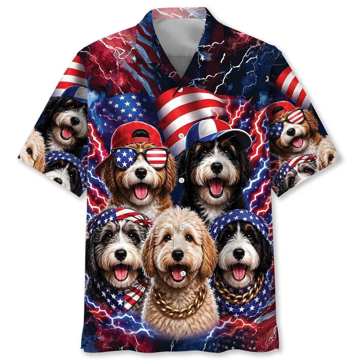 Aussiedoodle Patriotic American Flag Lightning Funny Dog Hawaiian Shirt