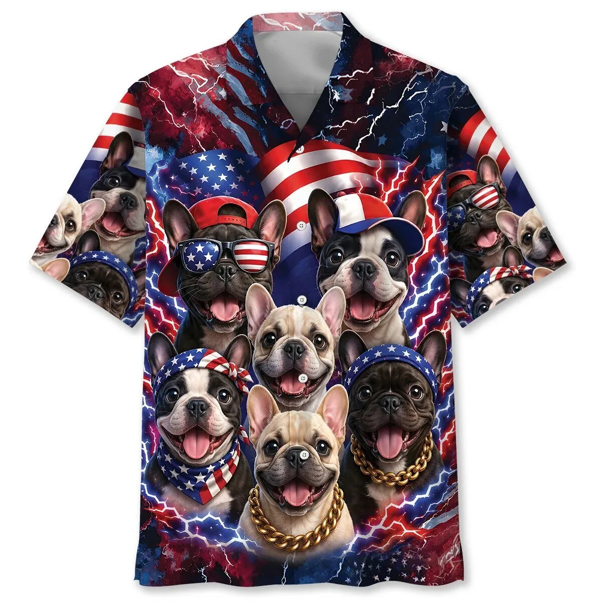 French Bulldog Patriot American Flag Lightning Pattern Hawaiian Shirt