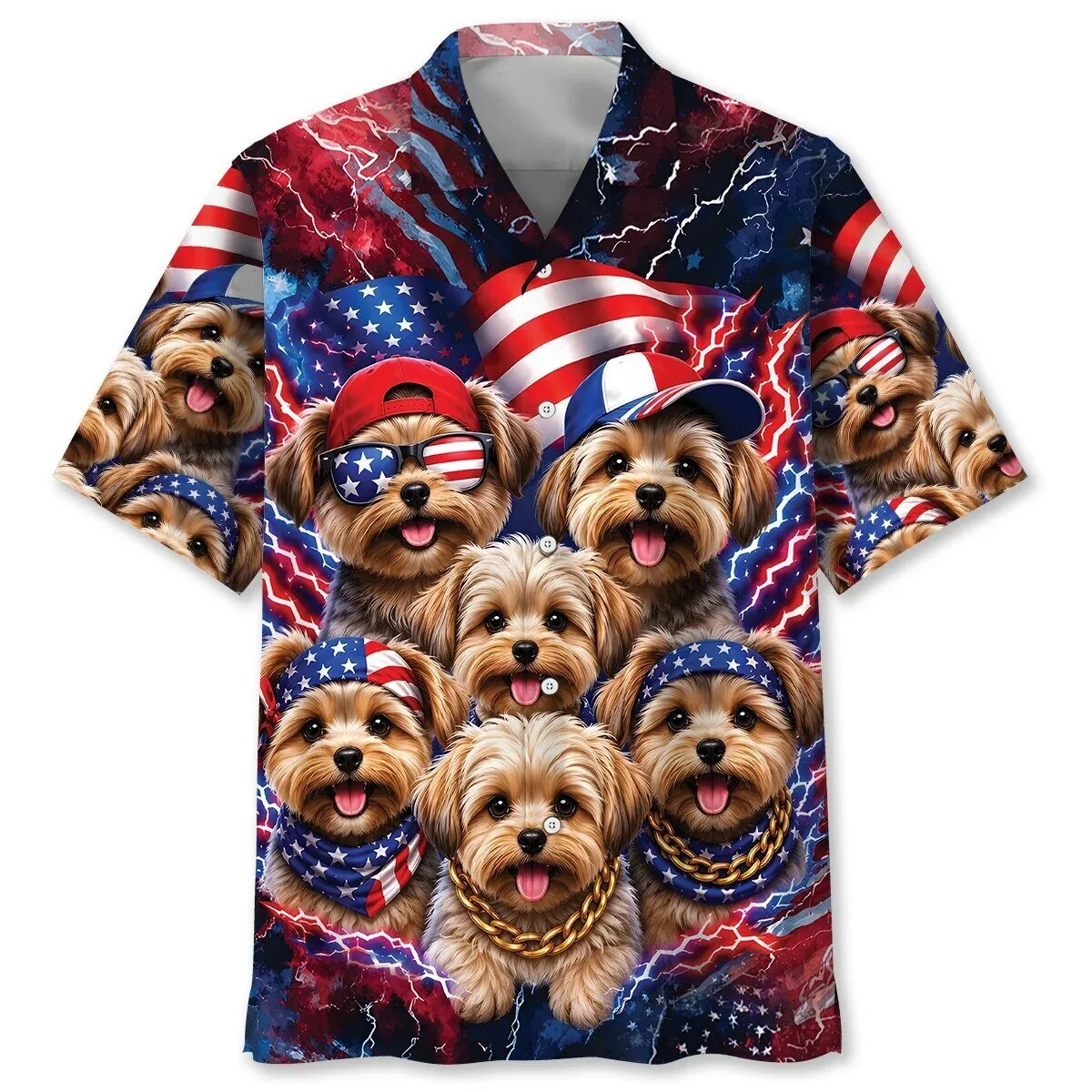 Yorkipoo Dogs Patriotic American Flag Lightning Funny Hawaiian Shirt