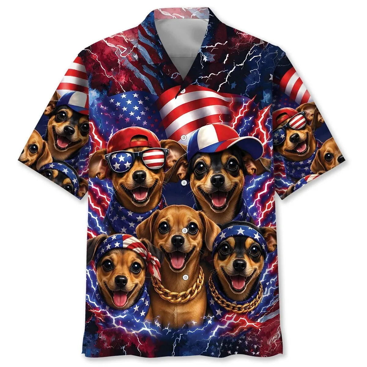Patriotic Chiweenie Dog American Flag Lightning Funny Hawaiian Shirt